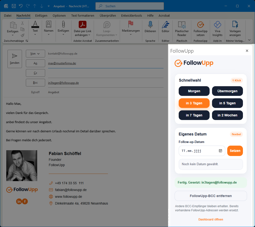 FollowUpp Outlook Add-in Screenshot